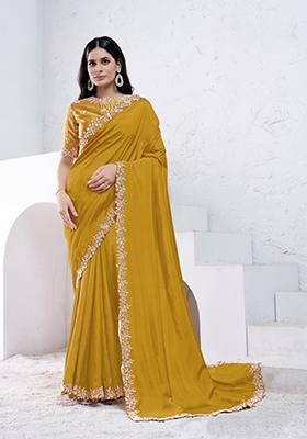 Mustard Yellow Hand Embroidered Silk Saree Set