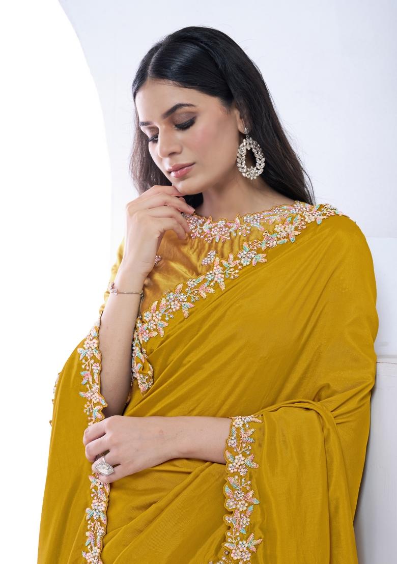 Mustard Yellow Hand Embroidered Silk Saree Set