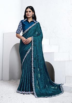 Teal Blue Hand Embroidered Georgette Saree Set