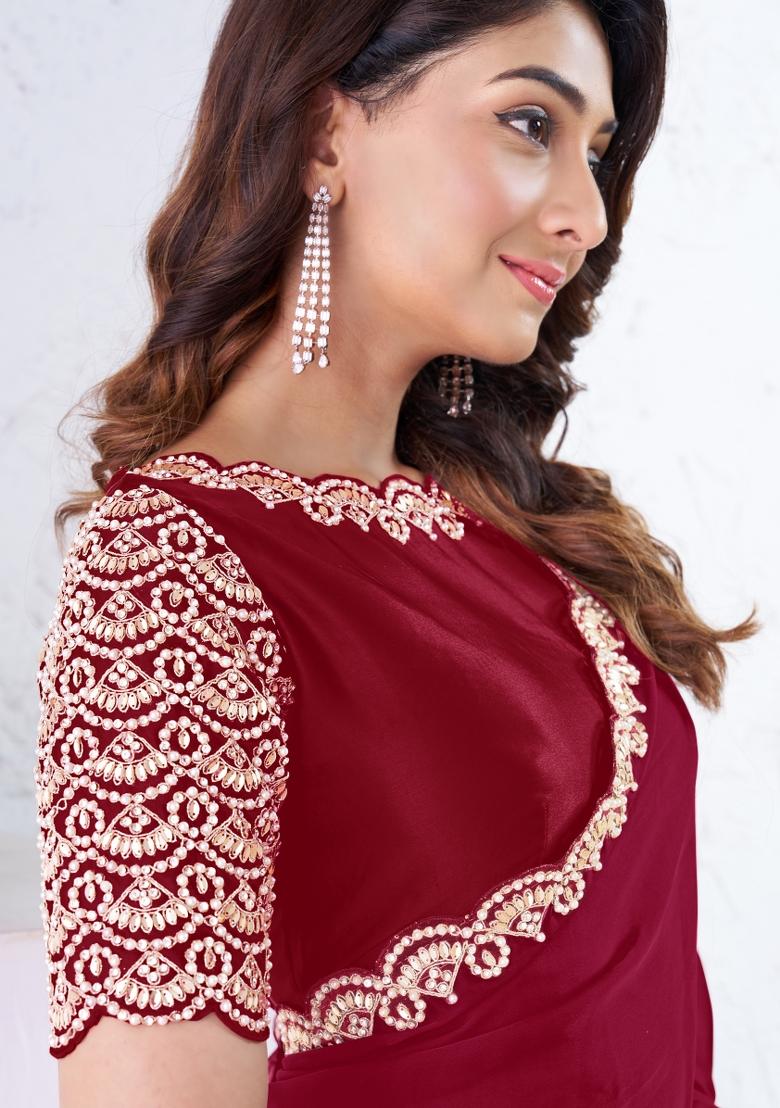 Red Hand Embroidered Silk Saree Set