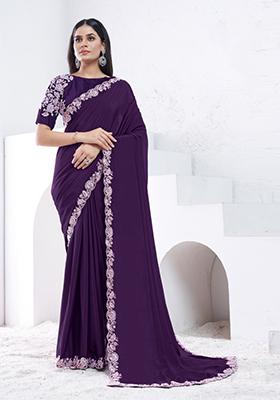Purple Sequin Embroidered Silk Saree Set