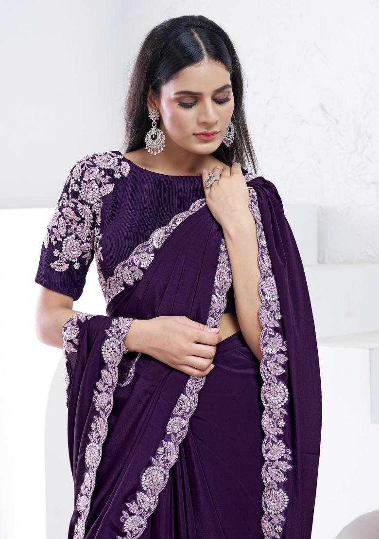 Purple Sequin Embroidered Silk Saree Set