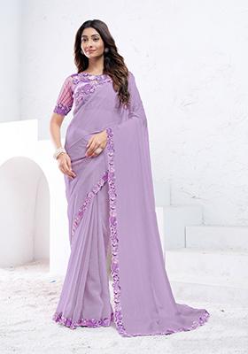 Lavender Hand Embroidered Silk Saree Set