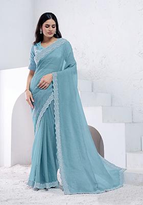 Aqua Blue Hand Embroidered Silk Saree Set