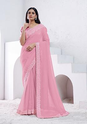 Light Pink Hand Embroidered Silk Saree Set