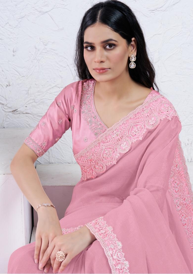 Light Pink Hand Embroidered Silk Saree Set