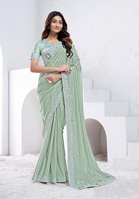 Sea Green Sequin Embroidered Silk Saree Set