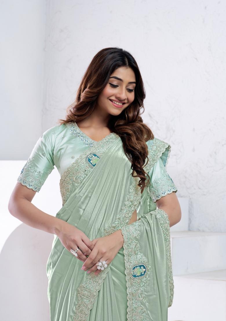 Sea Green Sequin Embroidered Silk Saree Set