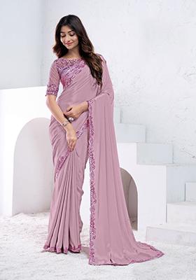 Mauve Blue Hand Embroidered Silk Saree Set