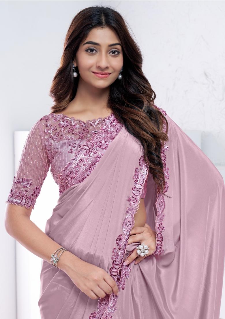 Mauve Blue Hand Embroidered Silk Saree Set