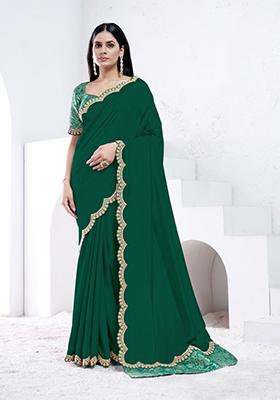 Green Hand Embroidered Silk Saree Set