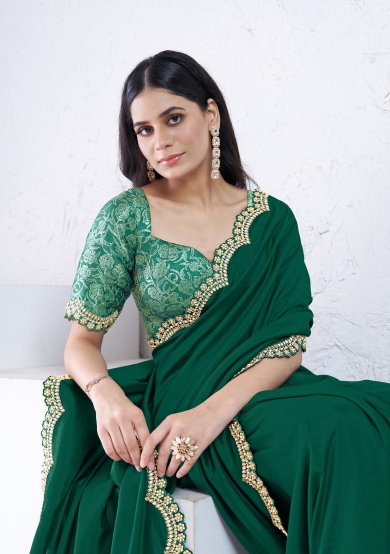 Green Hand Embroidered Silk Saree Set