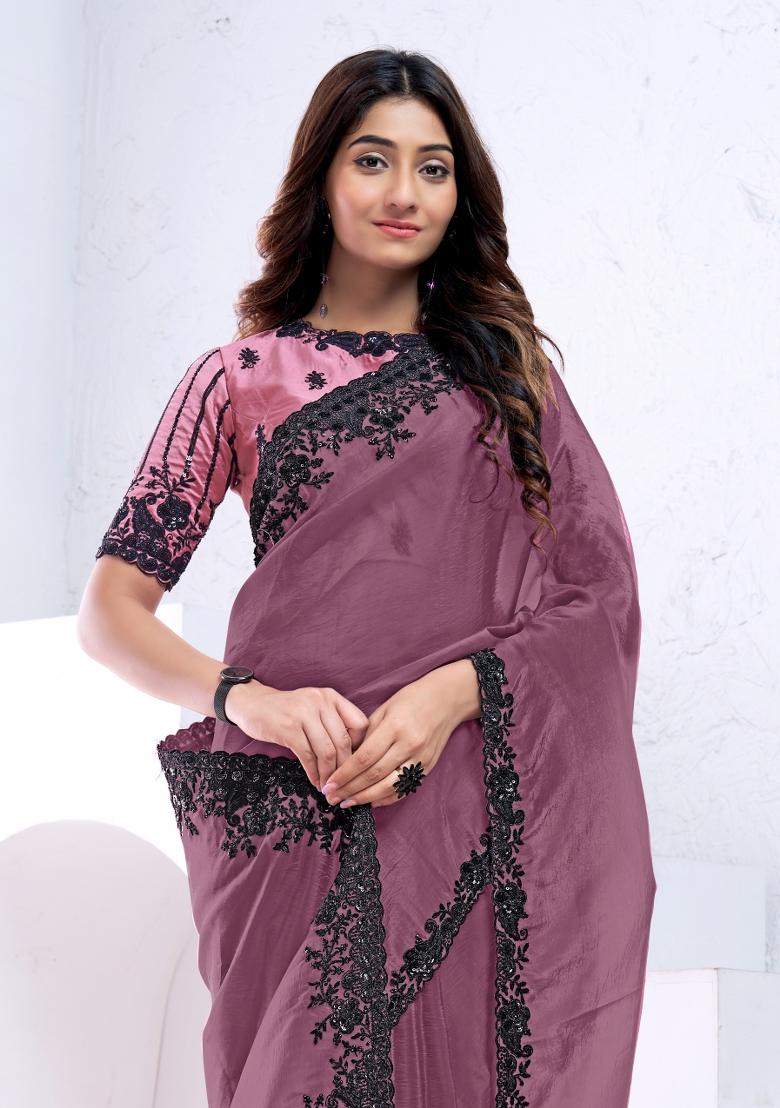 Dark Mauve Hand Embroidered Silk Saree Set