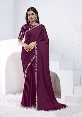 Wine Sequin Embroidered Silk Saree Set