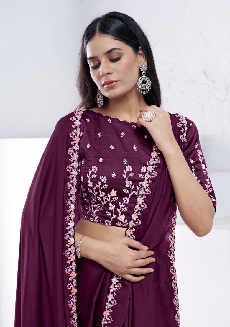 Wine Sequin Embroidered Silk Saree Set