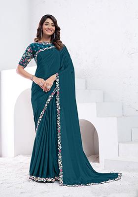 Teal Blue Sequin Embroidered Silk Saree Set