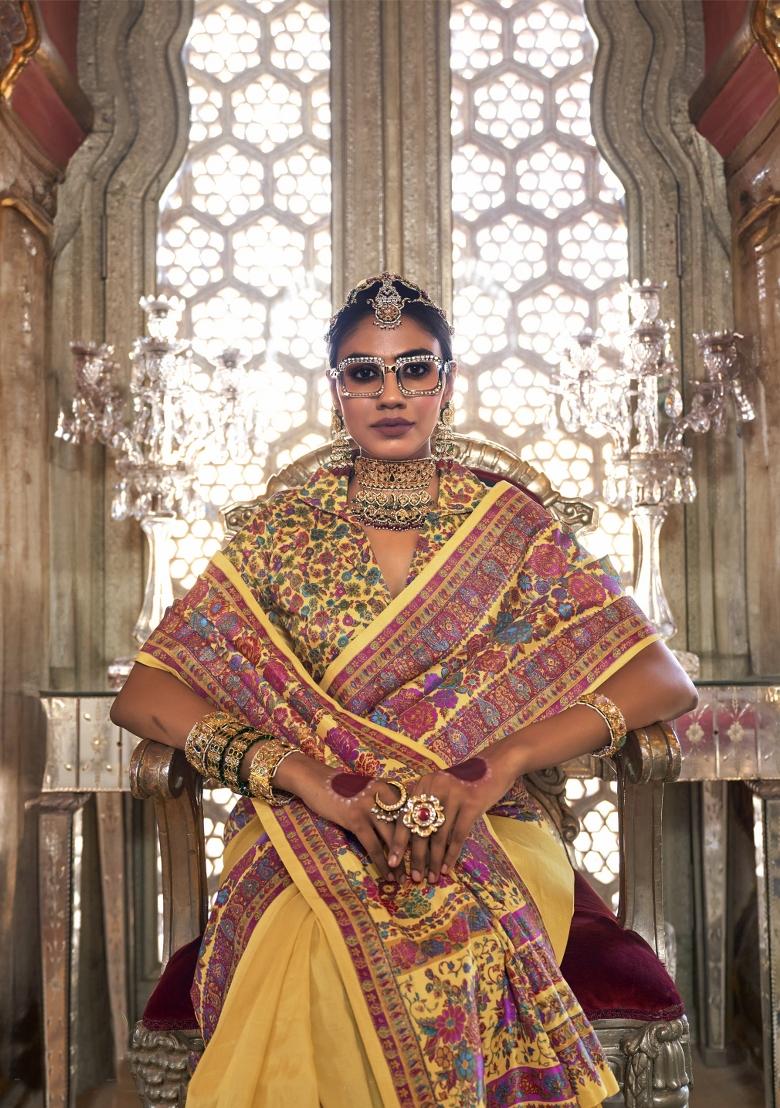 Yellow Printed Silk Saree Set