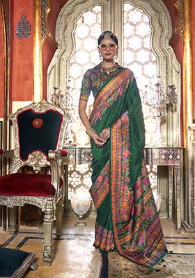 Green Printed Silk Saree Set