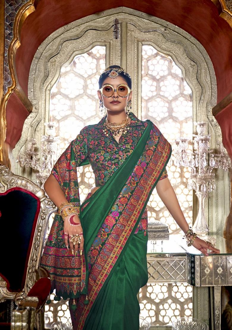 Green Printed Silk Saree Set