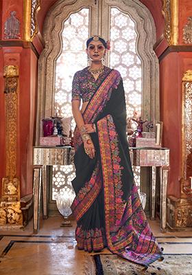 Black Printed Silk Saree Set
