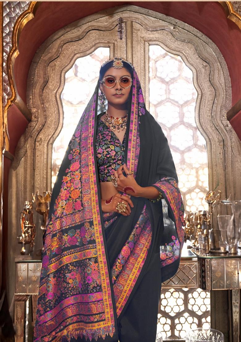 Black Printed Silk Saree Set