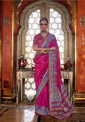 Pink Printed Silk Saree Set