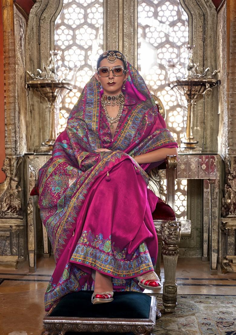 Pink Printed Silk Saree Set