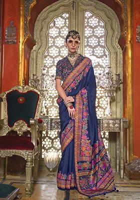 Dark Blue Printed Silk Saree Set