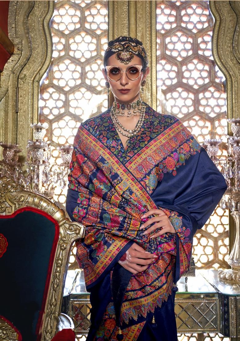 Dark Blue Printed Silk Saree Set