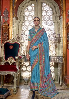 Blue Printed Silk Saree Set
