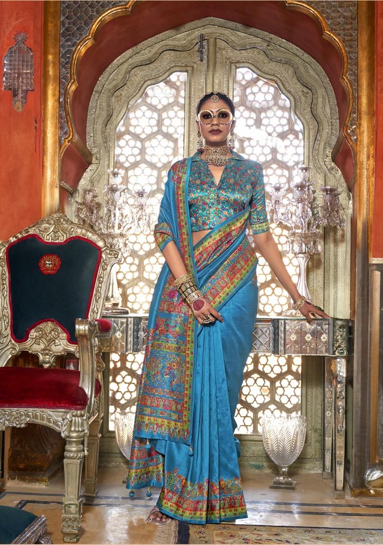 Blue Printed Silk Saree Set