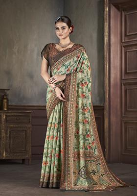 Green Zarkan Work Silk Saree Set