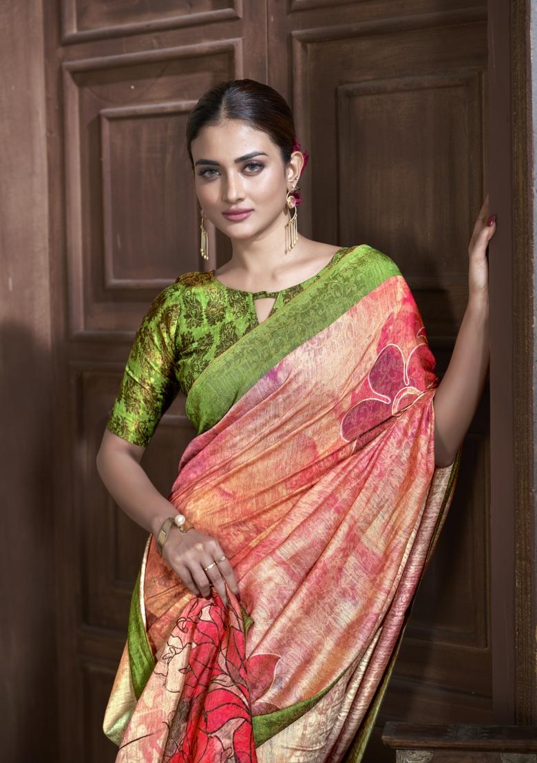 Peach Zarkan Work Silk Saree Set