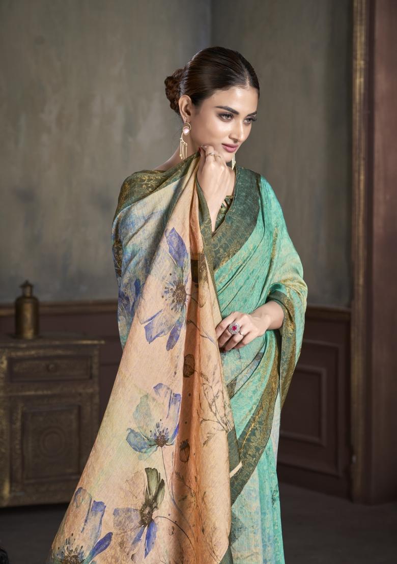 Sea Green Zarkan Work Silk Saree Set