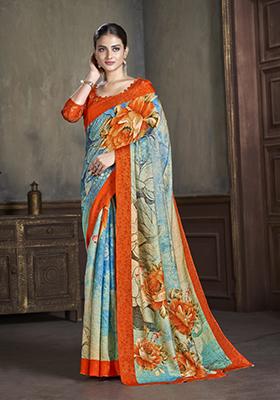 Blue Zarkan Work Silk Saree Set