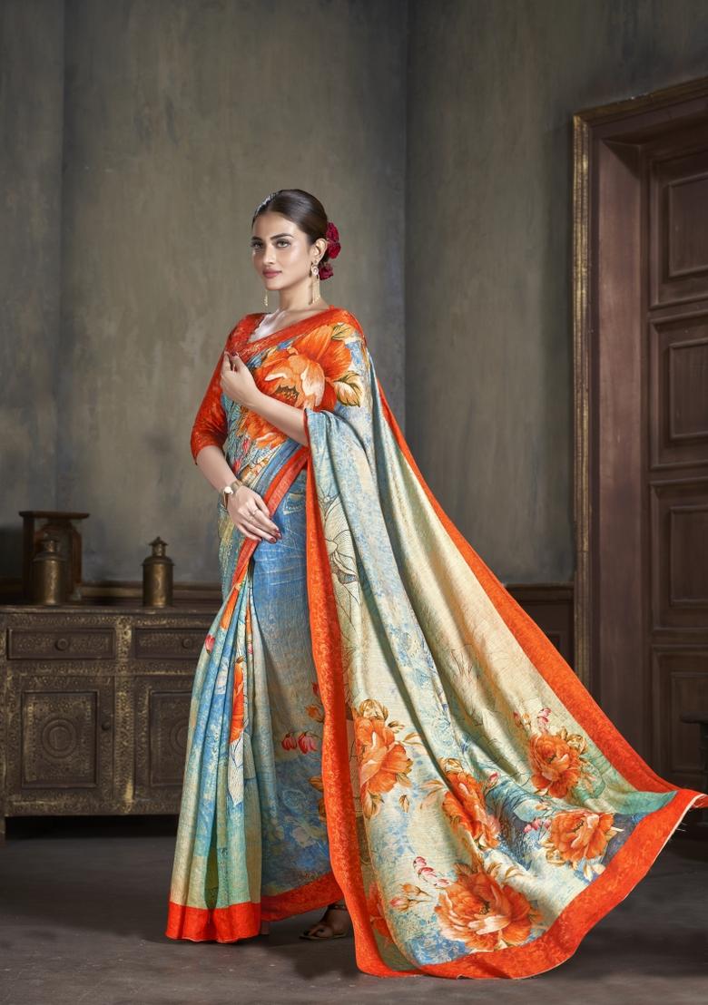 Blue Zarkan Work Silk Saree Set