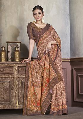 Brown Zarkan Work Silk Saree Set
