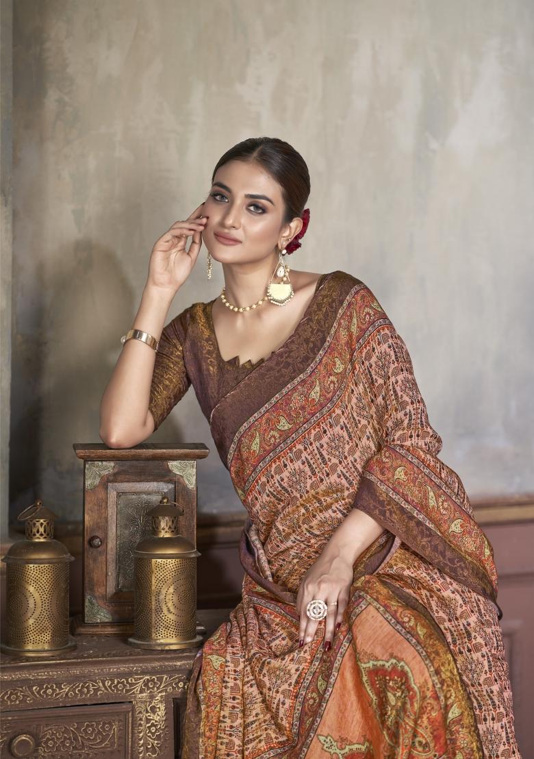 Brown Zarkan Work Silk Saree Set