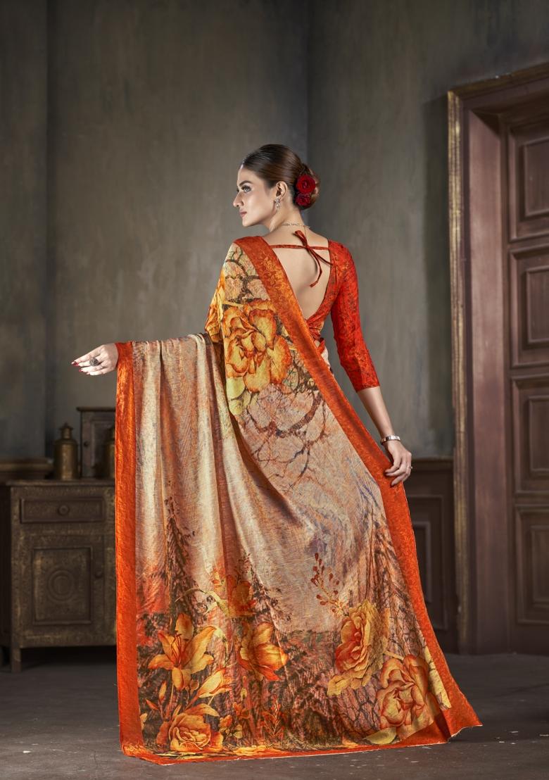 Orange Zarkan Work Silk Saree Set