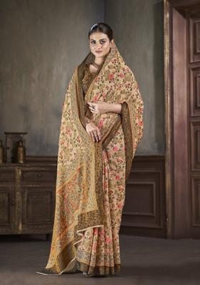 Beige Zarkan Work Silk Saree Set