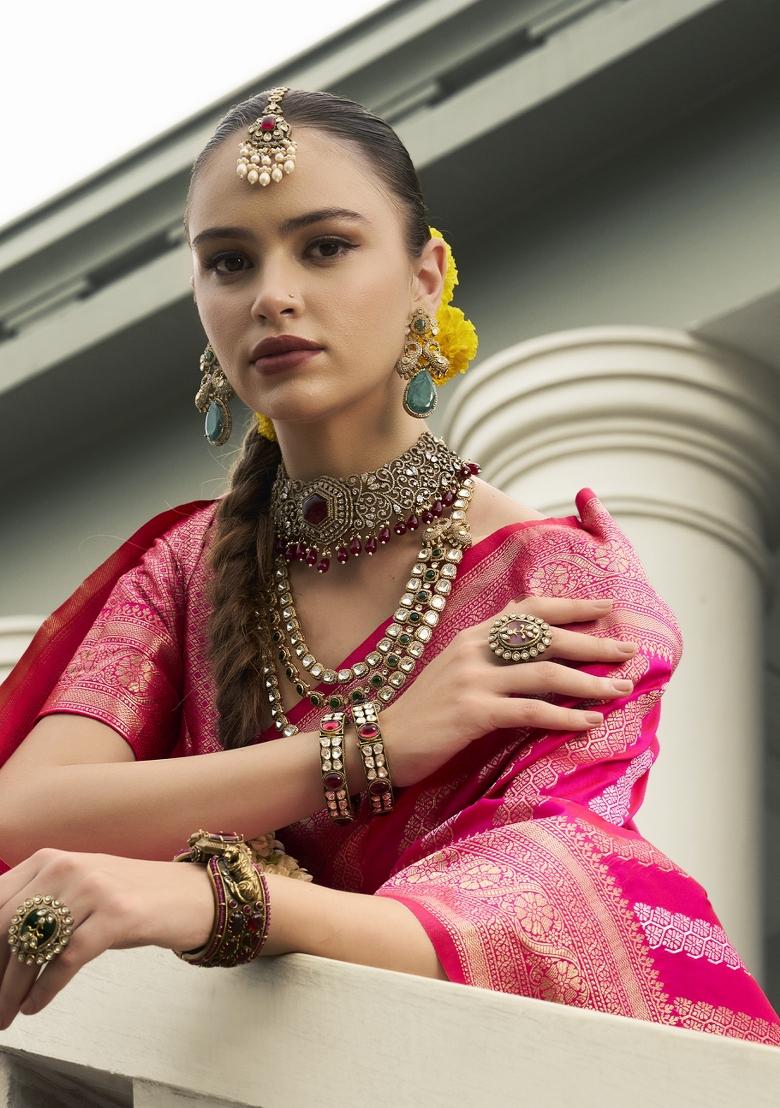 Pink Weaving Banarasi Silk Saree Set