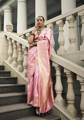 Baby Pink Weaving Banarasi Silk Saree Set