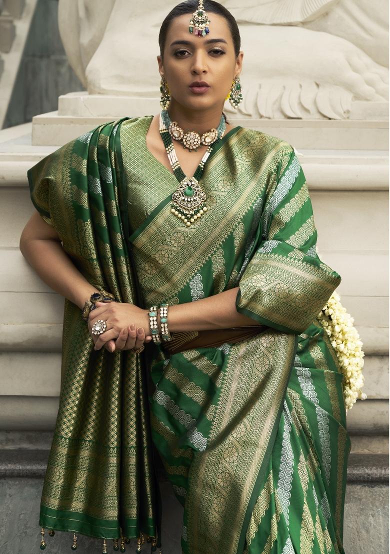 Green Weaving Banarasi Silk Saree Set