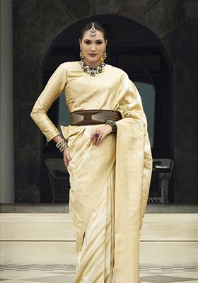 Cream Weaving Banarasi Silk Saree Set