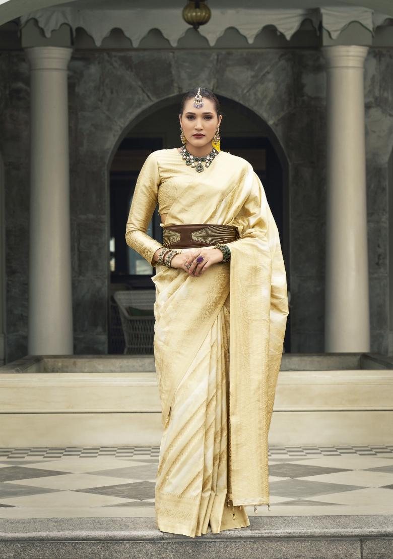 Cream Weaving Banarasi Silk Saree Set
