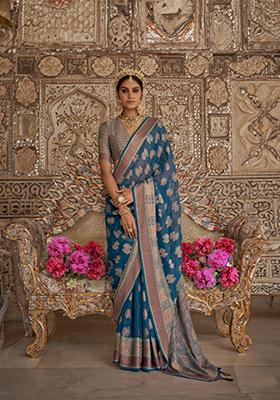 Teal Blue Weaving Georgette Saree Set