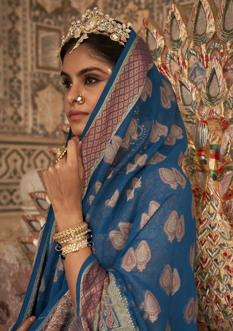 Teal Blue Weaving Georgette Saree Set