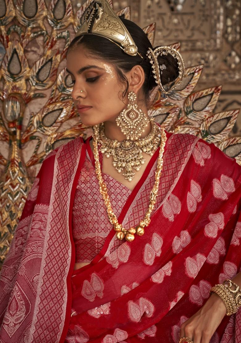 Red Weaving Georgette Saree Set