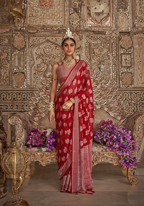 Red Weaving Georgette Saree Set