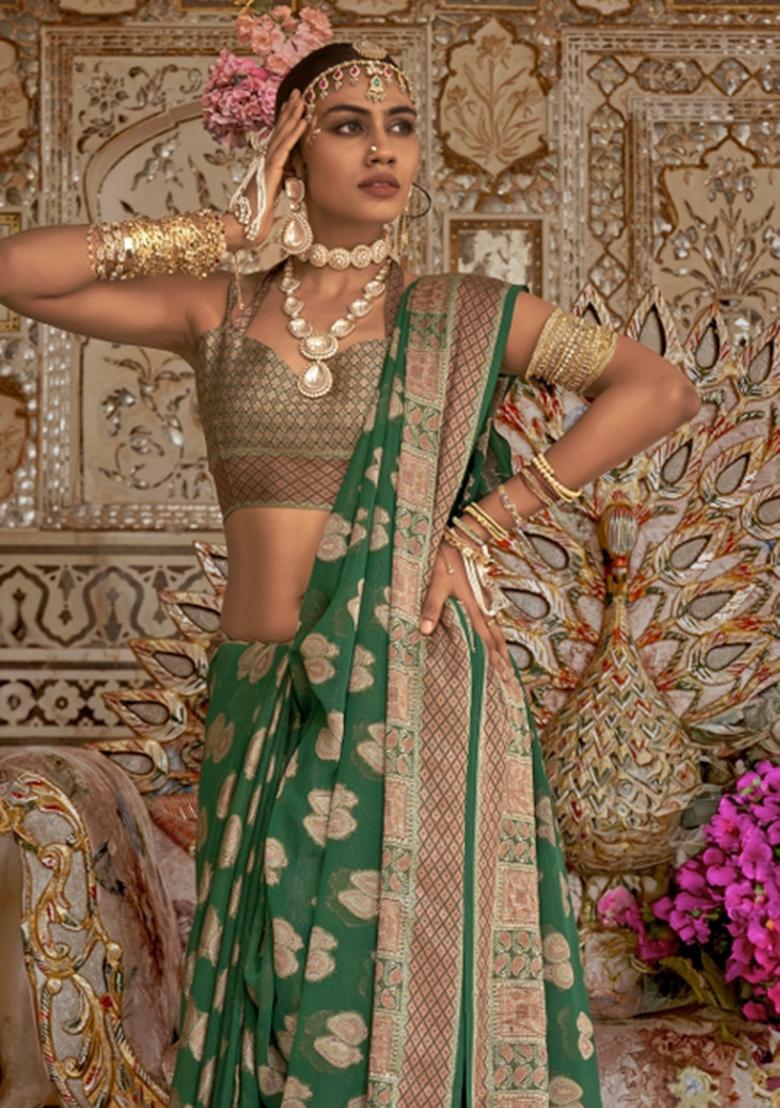 Green Weaving Georgette Saree Set